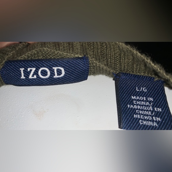 IZOD Men’s Crew Neck Olive Green Check Knit Sweater Size L - Picture 7 of 11